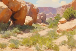 Sunny day, rocks, big rocks, vegetations, distant mountains, sci-fi, konstantin korovin, and anna boch paintings