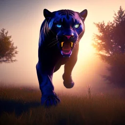 Panther with human head, running past a grave on a hill, unreal engine, artstation, 3D