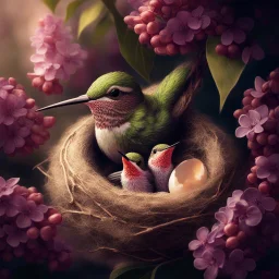 Create an incredible image in the Anne Geddes art style with 2 cute baby ruby throated hummingbirds sitting on the nest in a lilac bush branch, next to the baby hummingbirds is a broken shell of one egg, as if it had just hatched from the egg. Mother hummingbird in the nest looking calm at the 2 baby hummingbirds. the nest is inside a beautiful flowering lilac branch. A masterpiece, a high-quality photo taken at exactly the right moment for an award-winning photo. bokeh Nikon D850 hig