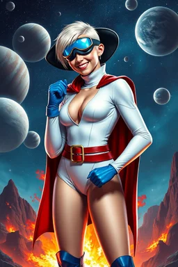 Karen Starr, full body, young athletic white female, crew cut bleach-blonde hair, thin, wearing thin blue goggles over her eyes, black cowboy hat, semi-pointed chin, muscular build, Wearing white long-sleeved bodysuit with high collar with plunging neckline, blue elbow gloves, red belt with gold buckle, red cape, blue knee boots. Big smile. Background: outer space, planets, stars, galaxies, fire, explosions, volcanic lava, craggy peaks. Photorealistic