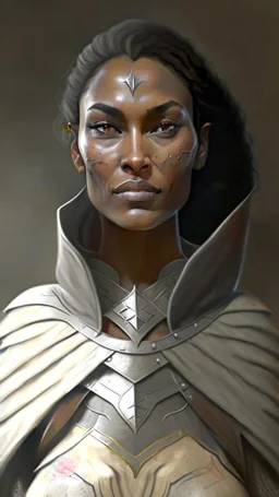 A tall human woman with tanned skin. Her face, marked by the years, always has a smirk on it, showing her superiority in the eyes of the others. She is dressed in grey armor and wears a cape.