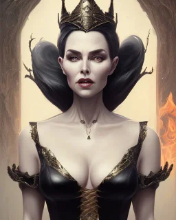 old evil queen in black leather gown, volouptous, busty, cleavage, angry, emperious, 8k resolution concept art portrait by Greg Rutkowski,