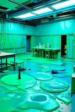 A bluish green laboratory covered in slime painted by Andy Warhol