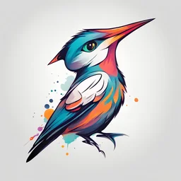 The picture is a minimalist and abstrakt drawing, on a pure white background. using vivid colors. On a white background for the tattoo. Peeping cuckoo with an open beak and tilted head, with a long tail.