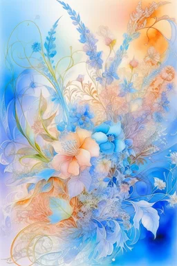 watercolor with rendering, glitter, fantastic delicate translucent flowers, translucent fabulous bouquet, filigree, foxtail, gypsophila, irises, lilac, neon, pastel tones, mint, peach, pearl fastening, filigree, UHD, hyperdetalized, macro photography, lots of details, three-dimensional drawing, botanical, ultramarine haze, high quality, yulsemia,