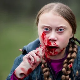 Greta Thunberg eating human fingers oozing with blood.full body, fantasy setting, real photo, soft lighting, blood dripping from face