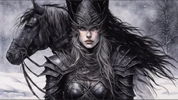 Hyper-photorealistic watercolor art style by Luis Royo , a warrior woman in black armor on the background of a cold snow-covered country, ice and crystal, frost and snow, hyperdetailed face, full body diagonal shot, encounters male bandits in dark fantasy countryside setting, absence of mysterious elements, dramatic lighting, ultrafine detail, octane rendering., by