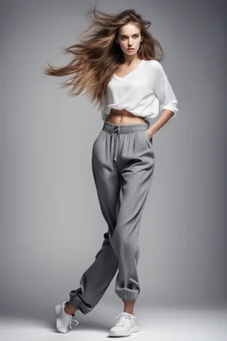 full body portrait of a girl fashion model flowing hair,pretty pants and top, perfect face,sport shoes, photo studio lights