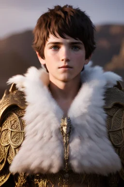 Photoreal close-up of handsome young boy druid with angelic features and intricate ornate armor in the ice mountains at sunset, forgotten realms fantasy style by lee jeffries, 8k, high detail, smooth render, unreal engine 5, cinema 4d, HDR, dust effect, vivid colors