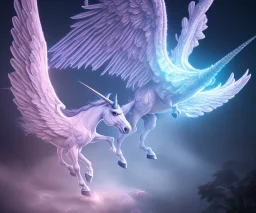 unicorn glowing wings, shadow, surreal fantasy art, highly detailed, intricate patterns on wings, soft studio lighting, smooth dark blue background 64k