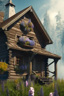 hyper detail, hyper realism, 4k, high quality, small wooden cabin, flowers, steampunk, cinematic lighting, mountain, photo realistic,