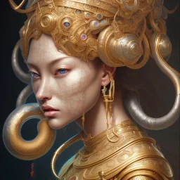 Sango fantasy, fantasy magic, intricate, sharp focus, illustration, highly detailed, digital painting, concept art, matte, art germ and Paul Lewin and Kehinde Wiley, masterpiece silver elephant head bronze Buddha Asian African girl nice breast Hawaiian hair turquoise golden waves