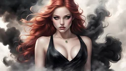 high quality digital art, full body portrait of a 20-year-old, beautiful princess of darkness with bedroom eyes, in a cloud of dark smoke, sexy and fit, with a tight abdomen, long light red hair, black silk asymmetric sleeveless top, highly detailed facial features, and sharp cheekbones. Her eyes are bright chartreuse and with dark eyeliner. Emaciated and tall, with pale skin, backlit, in the comic book style of Bill Sienkiewicz and Jean Giraud Moebius, dramatic natural lighting