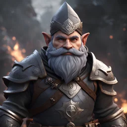 gnome male paladin, d&d character art masculine features, deep coal-gray skin, 8k, 3d cgi, unreal engine 6, high detail, intricate, cinematic battle background