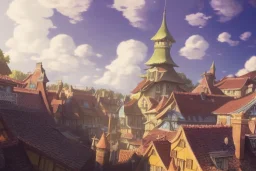 a wholesome animation key shot of a traditional city with tiled roofs, architecture, very detailed, medium shot, studio ghibli, pixar and disney animation, sharp, rendered in unreal engine 5, anime key art by greg rutkowski, bloom, dramatic lighting, blue sky with clouds