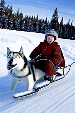 Matthew (niño) y Margaret (niña) viajan en un trineo tirado por un husky por un paisaje nevado