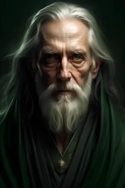a man in his late sixties, bright green eyes, long grey hair, short grey beard, strong bony features, in a dark green coloured robe, realistic epic fantasy style