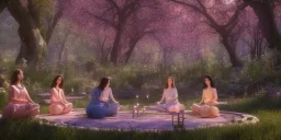 group of beautiful ladies in colourful dresses meditating in an enchanted forest with a spring like chalice well at night, candles in the trees