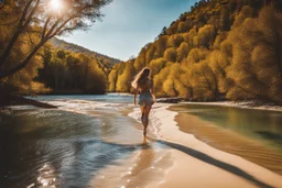 beautiful girl walking toward camera in trees next to wavy river with clear water and nice sands in floor.camera capture from her full body front