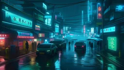 Cyberpunk Seoul, 2400 year, night, rain, streets, cars, people, buildings, blue green neon lights