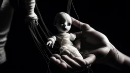 في الصورة، تظهر يد بشرية تمسك بخيوط دمية. اليد بيضاء ناصعة، بينما الخيوط سوداء داكنة. تمسك اليد الخيوط بإحكام، مما يوحي بسيطرة اليد على الدمية. تقف الدمية في الخلفية، وهي غير مرئية تمامًا. لا يمكن رؤية سوى الخيوط السوداء التي تمتد من اليد إلى الدمية. هذا يخلق إحساسًا بالغموض والتشويق. الصورة مأخوذة من زاوية عالية، مما يخلق تأثيرًا مهيمنًا لليد. هذا يوحي بأن اليد قوية وفعالة. الصورة ذات خلفية مظلمة، مما يخلق جوًا غامضًا ومثيرًا للاهتمام. هذا يعزز الموضوع العام للتلاعب، والذي غالبًا ما يرتبط با