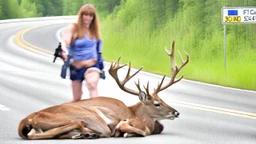 upset lady points gun at sleeping deer on the highway