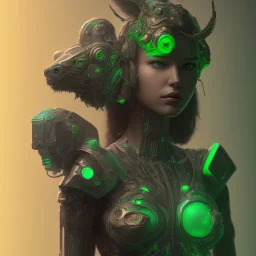 A beautiful portrait of a single minded cute cyberpunk woman, a short wolf haircut lime green color scheme, high key lighting, volumetric light high details with a lizard like alien with feathers and claws, 3/4 torso. single solid chestplate. Pyramid tattoo on her forehead