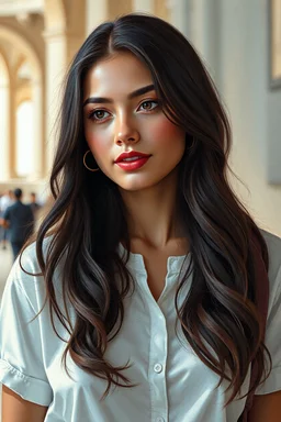 College pictures of beautiful woman oil painting style, for famous artists , ultra high quality, 8k, cinematic