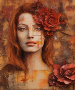 an abstract painting of rusted metal and flowers, woman, rust, scaffolding, iron cladding, decay, mixed media, textured, anatomically correct, beautiful perfect face, sharp focus, highly detailed