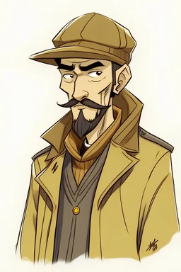 A very thin man wearing a brown galabiya with a heavy coat over it and a yellowish-white Arab hat. The man is short and has a medium-thick mustache and a beard with some shaved hair. Funny Japanese manga style