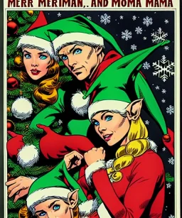 two elves. woman and man. Christmas scene. poster. marvel comic. low-key