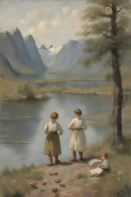 3 children near a lake in Norway, trowing small stones, 1400 century by Monet