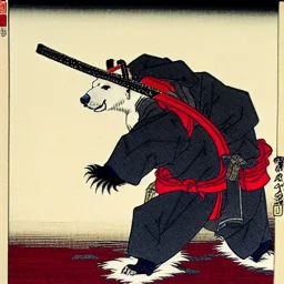 Ours polaire, habillé comme un samurai, sombre, furieux, noir, rouge, peint par Hokusai.