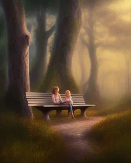 park mystical dream, park bench, man, woman, child, dog, trees, path, bird, sunshine, mystical, fantasy, romanticism, pastel colors, daylight, daytime, acrylic painting, detailed, soft focus,