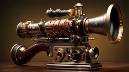 High-end state-of-the-art STEAMPUNK aesthetics flawless DSLR Soviet PPSH-41 submachine gun Camera,front view Highest quality telescopic Zeiss Zoom lens, supreme cinematic-quality photography,waltnut wood handle,Art Nouveau,Vintage style Octane Render 3D technology,hyperrealism photography,(UHD) high-quality cinematic render,Insanely detailed close-ups capturing beautiful complexity,Hyperdetailed,Intricate,8K,