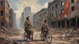 A vintage oil painting of a woman on a bicycle in front of a decaying building, captured in the post-apocalypse city, featuring elements of soviet city architecture, with a touch of socialist realism.