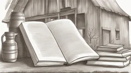 sketch drawing of a barn, tombstone, and some books