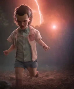 Stranger things, eleven toddler, full body, dramatic lighting, hyper realistic