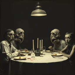 Photo of a family sitting at the dinner table. Hypermaximalist, grime, shadow, fog, unsettling, antique, old, liminal, odd, uncanny, transformational, interesting, rift, cryptic, low-fidelity, unreal, deserted, abstracted, twins, ambiguous, surreal, jaws, elongated, oblong, undulating, mouths, eyes, eerie, Max Ernst