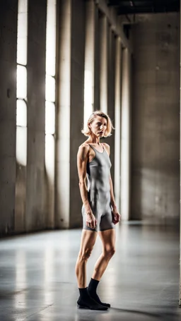 beautiful anorexic woman, total shot, short grey metallic triathlon swimsuit, short blond wavy bob hair, blurred concrete background