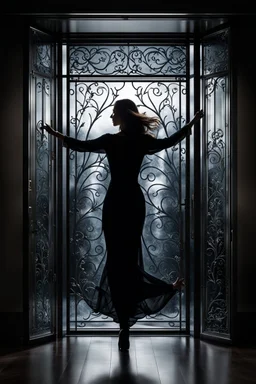 front of is the glass door, a dark silhouette of a dancing woman behind the glass door , front of it is the glass door, high quality, highly detailed, stunning, high realistic picture, impressive, sharp focus, perfect body, perfect shot, professional photo