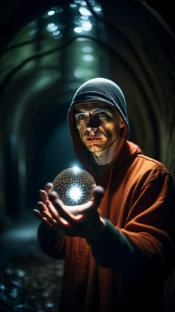 portrait of prisoner in tunnel holding a crystal ball with a tree inside , shot on Hasselblad h6d-400c, zeiss prime lens, bokeh like f/0.8, tilt-shift lens 8k, high detail, smooth render, down-light, unreal engine, prize winning