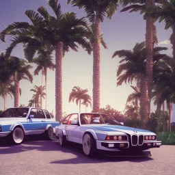 1980's aesthetic vaporwave palm trees and spheres and bmw