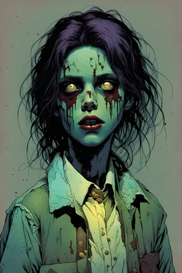 create a hardened, undead teenage zombie Girl Scout, finely defined but decayed facial features, selling cookies in a suburban neighborhood, in the comic book art style of Robert Kirk man, Mike Mignola, Bill Sienkiewicz and Jean Giraud Moebius, highly detailed, analog horror, grainy, gritty textures, big drama, retrowave horror, cyberpunk renaissance
