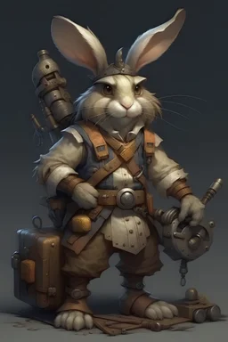 small harengon-grey fur rabbit humanoid, Charismatic expression, artificer clothes, Hand holding a wrench tool, carring a huge bag full of mechanical tools, steampunk , dungeons and dragons artstyle