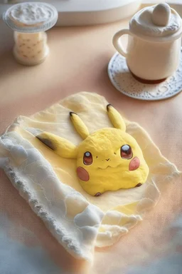 cute and nice faced marzipan Pikachu on a lace blanket on a kitchen table