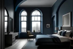 arched ceiling moody blue bedroom in the modern townhouse with two windows