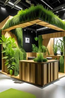 Corner exhibition stand with wood elements and greenery, with meeting areas