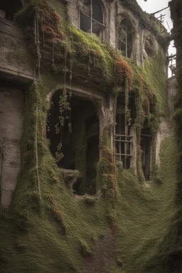 skeletal derelict buildings with hanging plants and vines, with coloured fungi and mushrooms on the walls