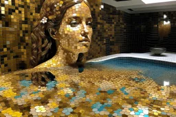 pool mosaic, 3D mirror pieces, beautiful composition, holographic marble pieces, brunette female, dessert shop, flowers, ethereal in sunshine, shading pastel and charcoal golden and ochre, golden glitter, , golden patina, corrosion